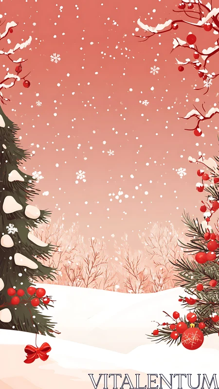 Vertical festive winter landscape with stylized evergreens.