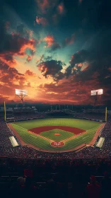 Sunset diamond under storm-painted baseball skies.