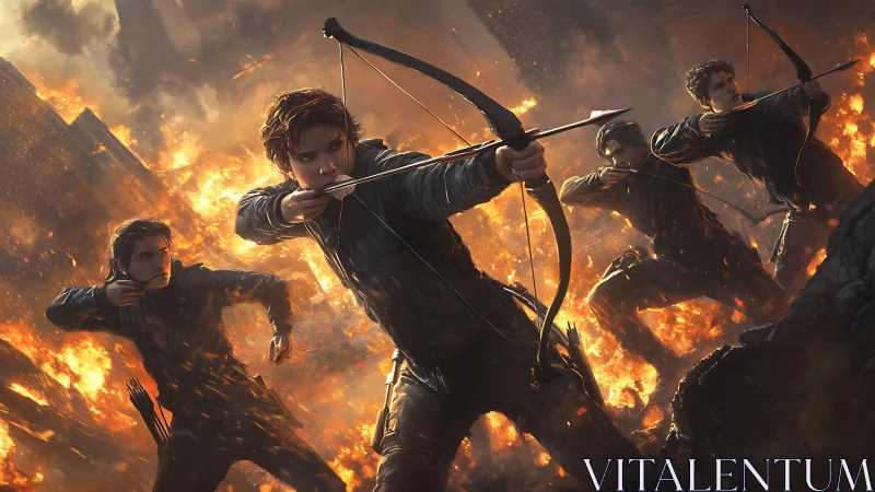 Coordinated archer squad advances through incendiary urban battlefield