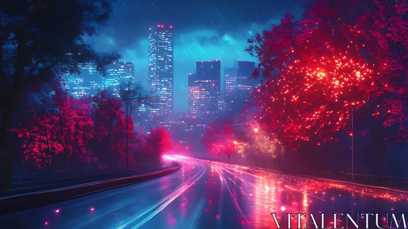 Neon rain stitches a glowing highway into the sleeping city