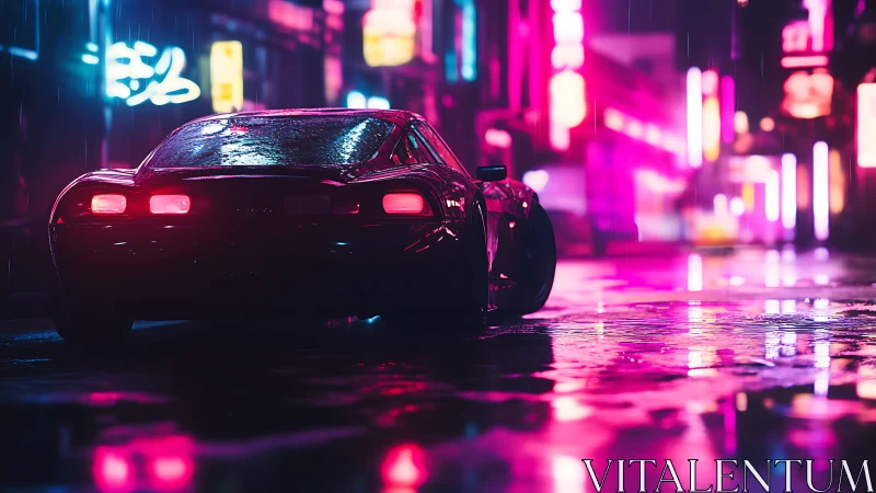 Neon lit sports car on wet city street at night in rain.