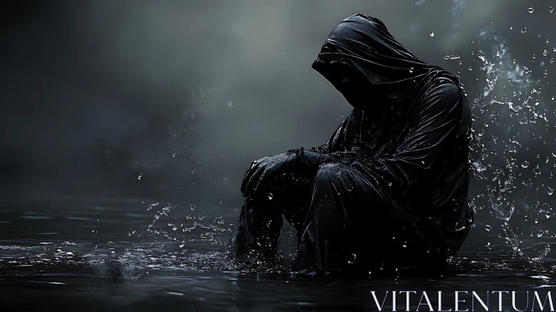 Hooded figure sits in dark water as splashes rise sharply