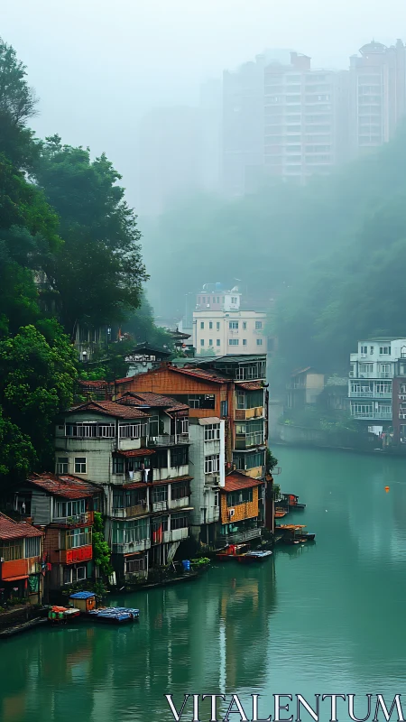 Riverside dwellings beneath misty high‑rise skyline at dawn.