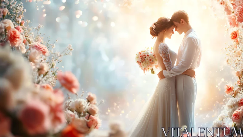 Romantic bride and groom embrace amid soft floral arch.