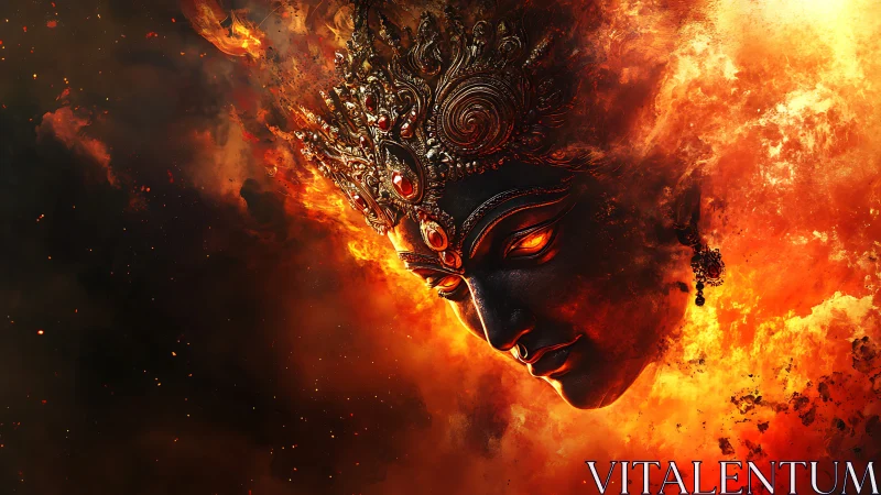 Digital painting of fiery divine mask in asymmetric composition.