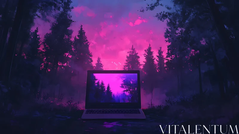 Laptop window glowing softly in a dreamy neon forest dusk.