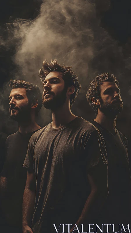 Moody triple portrait under dramatic sculpted smoke plume.