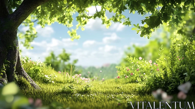 Sunlit garden clearing under a gentle green canopy.