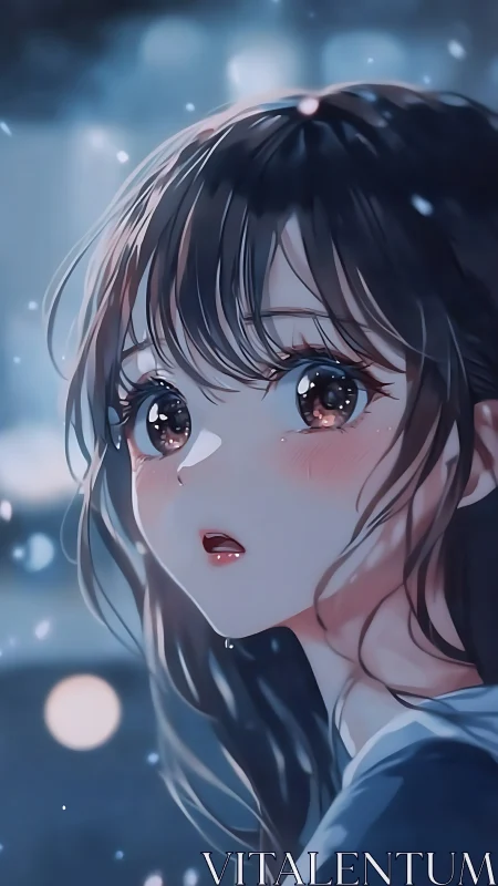 Snowlit anime girl portrait with luminous eyes at dusk.