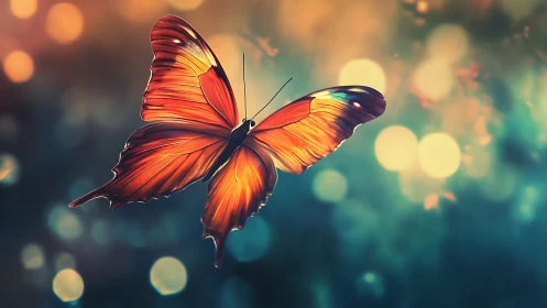 Luminous orange butterfly glides across defocused bokeh field