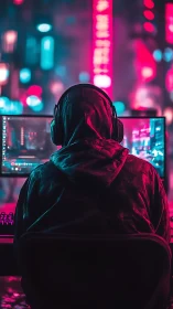 Neon lit gamer settles into a focused night at dual screens