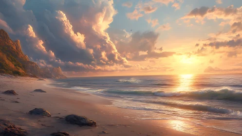 Sunlit coastal shoreline under towering pastel storm clouds.