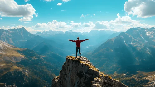 Solitary hiker commands expansive alpine vista from cliff edge