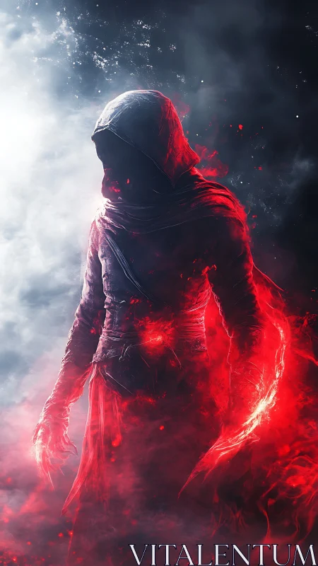 Hooded fire mage emerges through swirling crimson smoke.