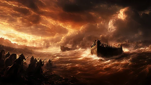 Storm-tossed ark sails through fiery apocalyptic seas.