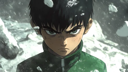 Determined anime hero standing strong in a swirling snowstorm.