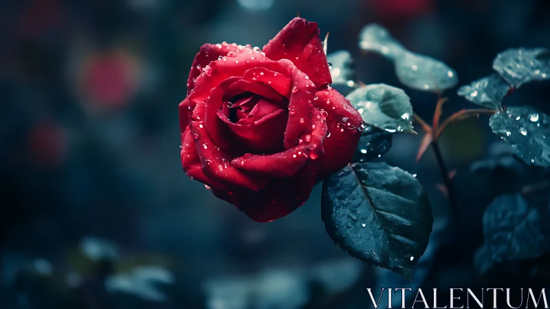 Crimson Rose with Dew Droplet Suspension in Teal-Toned Environment.