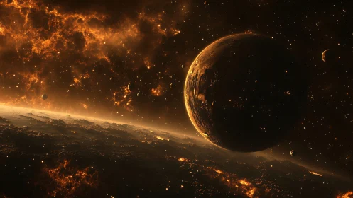 Dark planet and glowing nebula in deep space scene.