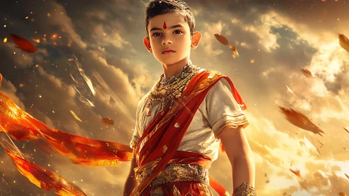 Radiant young hero in golden sky with flowing red drapery.