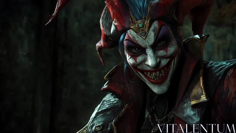 Sinister jester portrait with cracked makeup and gilt costume