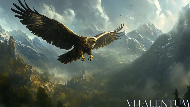 Majestic Eagle Soaring Over Dramatic Mountain Valley, Digital Art.