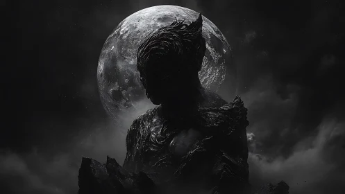 Lunar-shadowed obsidian figure silhouetted against full moon.