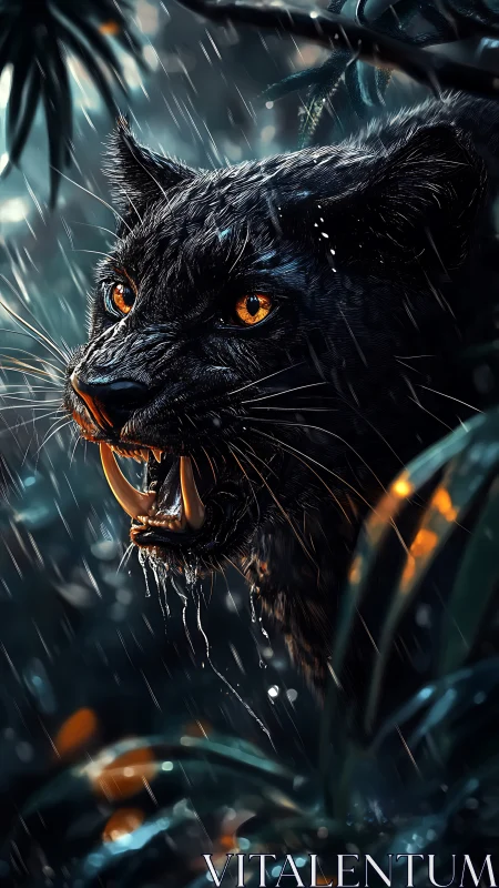 Black Panther in Rain with Glowing Amber Eyes.