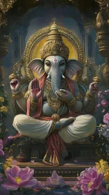 Divine Ganesha seated on ornate throne amid blooming lotuses.