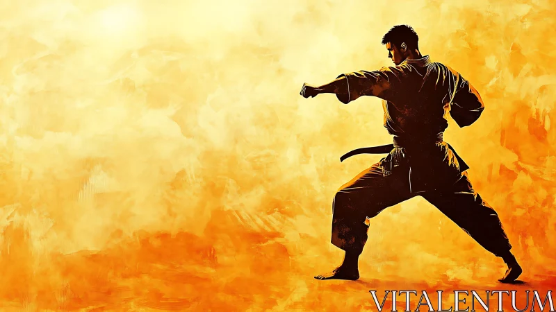 Digital painting of martial artist silhouette on blazing ground plane.