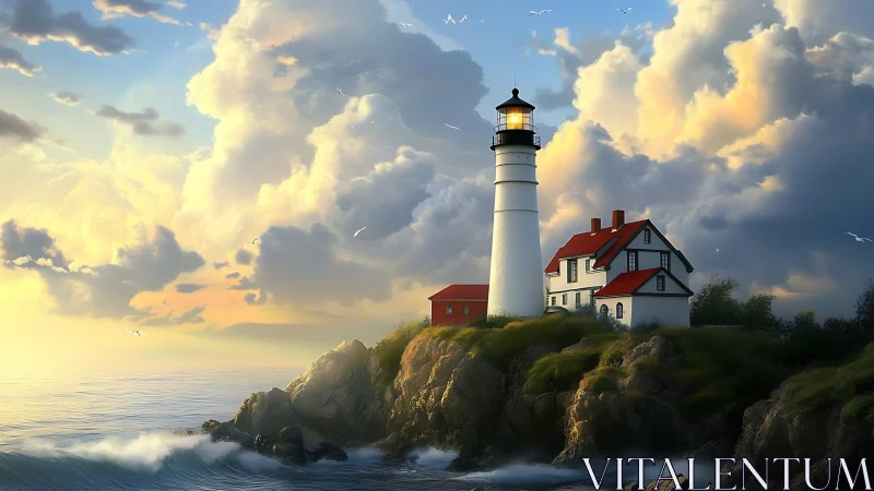 Coastal Lighthouse on Rocky Cliff at Golden Hour