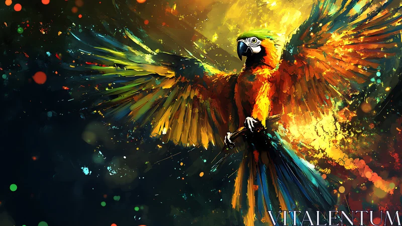 Colorful parrot extends wings amid abstract splatter lighting