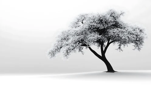 Solitary snow covered tree on a minimal winter landscape.