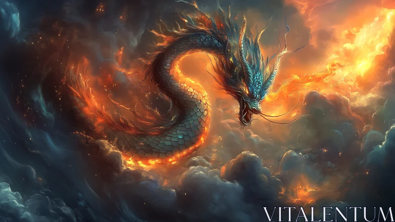 Serpentine dragon form amid clouds and flowing orange fire.