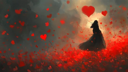 Woman in Red Heart Field at Dawn.