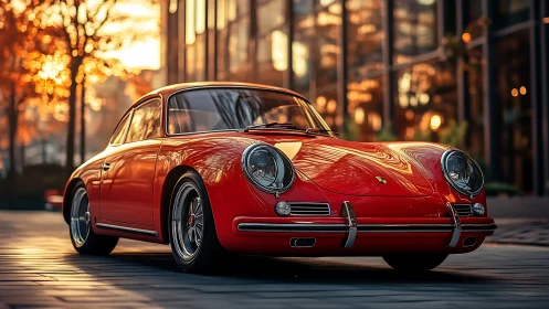 Scarlet classic Porsche glows against fiery glass city dusk.
