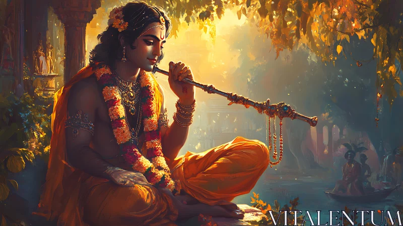 Krishna-like figure plays flute in warm forest light