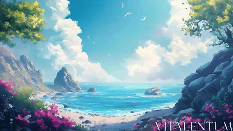 Coastal Cove with Rocky Formations and Blooming Magenta Flora. Digital Seascape.