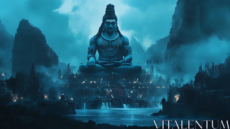 Colossal blue deity over mist-shrouded temple city.