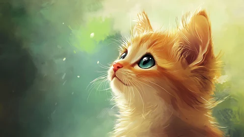 Golden Kitten with Luminous Green Eyes Gazing Upward