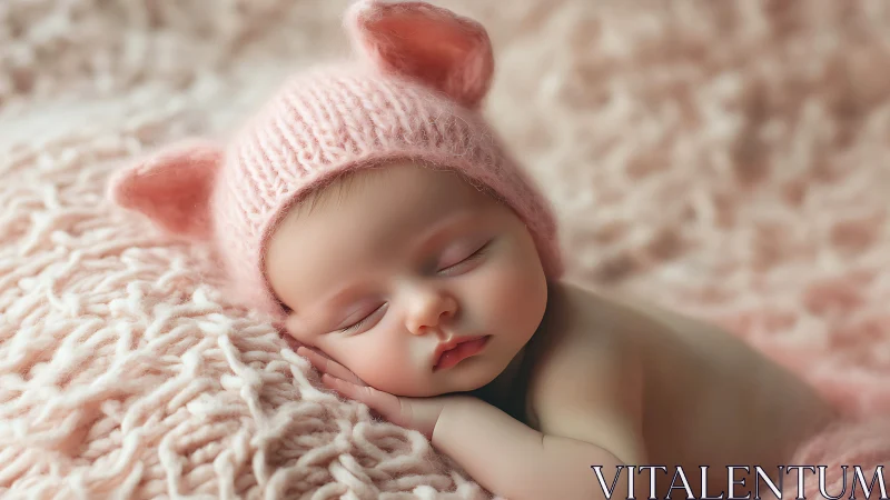 Tiny dream voyager curls into clouds of rosy knitted hush