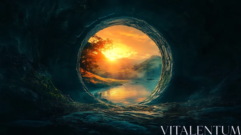 Circular cave opening framing river and distant hills at dawn.