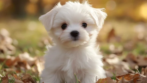 White puppy portrait in shallow depth-of-field autumn setting