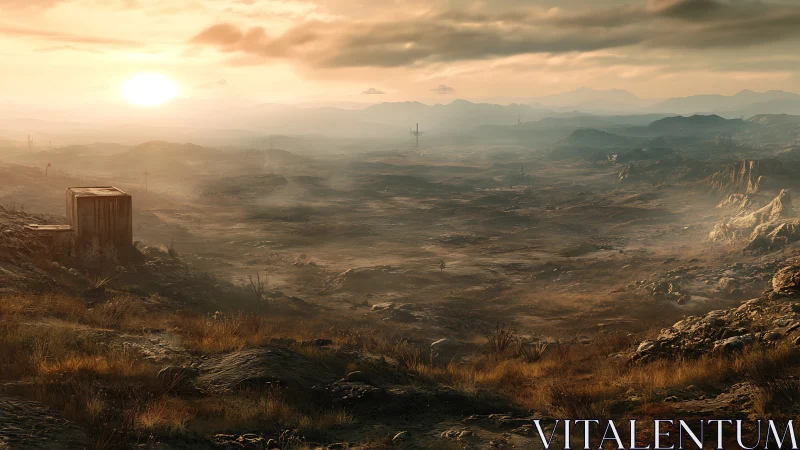 Desolate rocky valley with setting sun and distant pylons.