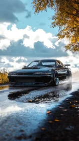Modified black sports car glides along a wet autumn road.
