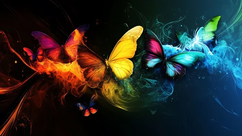 Vivid elemental butterflies streak across a dark cosmic void.