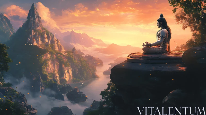 Sunlit meditating figure overlooks layered river valley environment