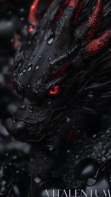 Hyperreal black dragon portrait with wet scales and red glow