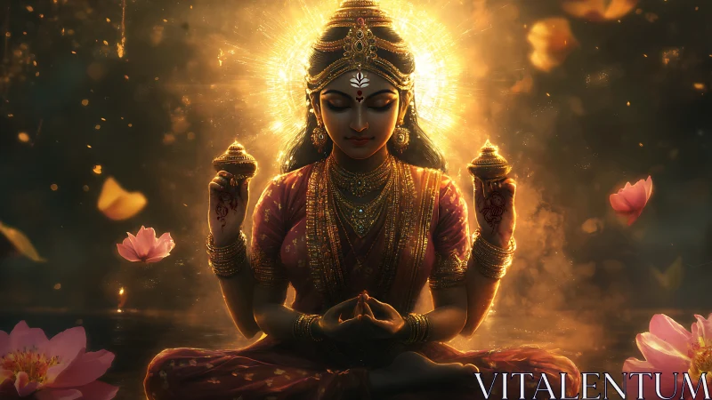 Radiant goddess figure in symmetric lotus pose with luminous halo