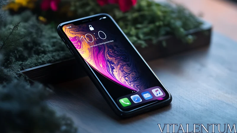 Black iPhone with Vibrant Liquid Wallpaper on Stone Surface.