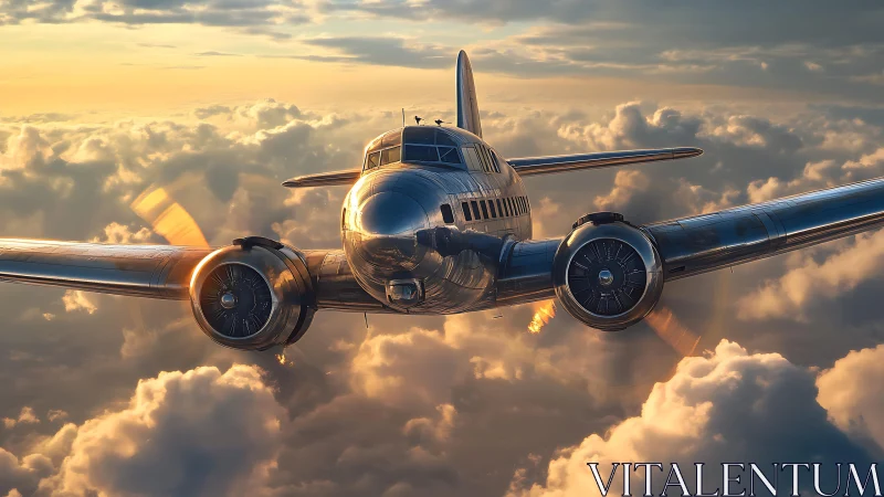 Vintage twin engine airliner flying above glowing clouds.